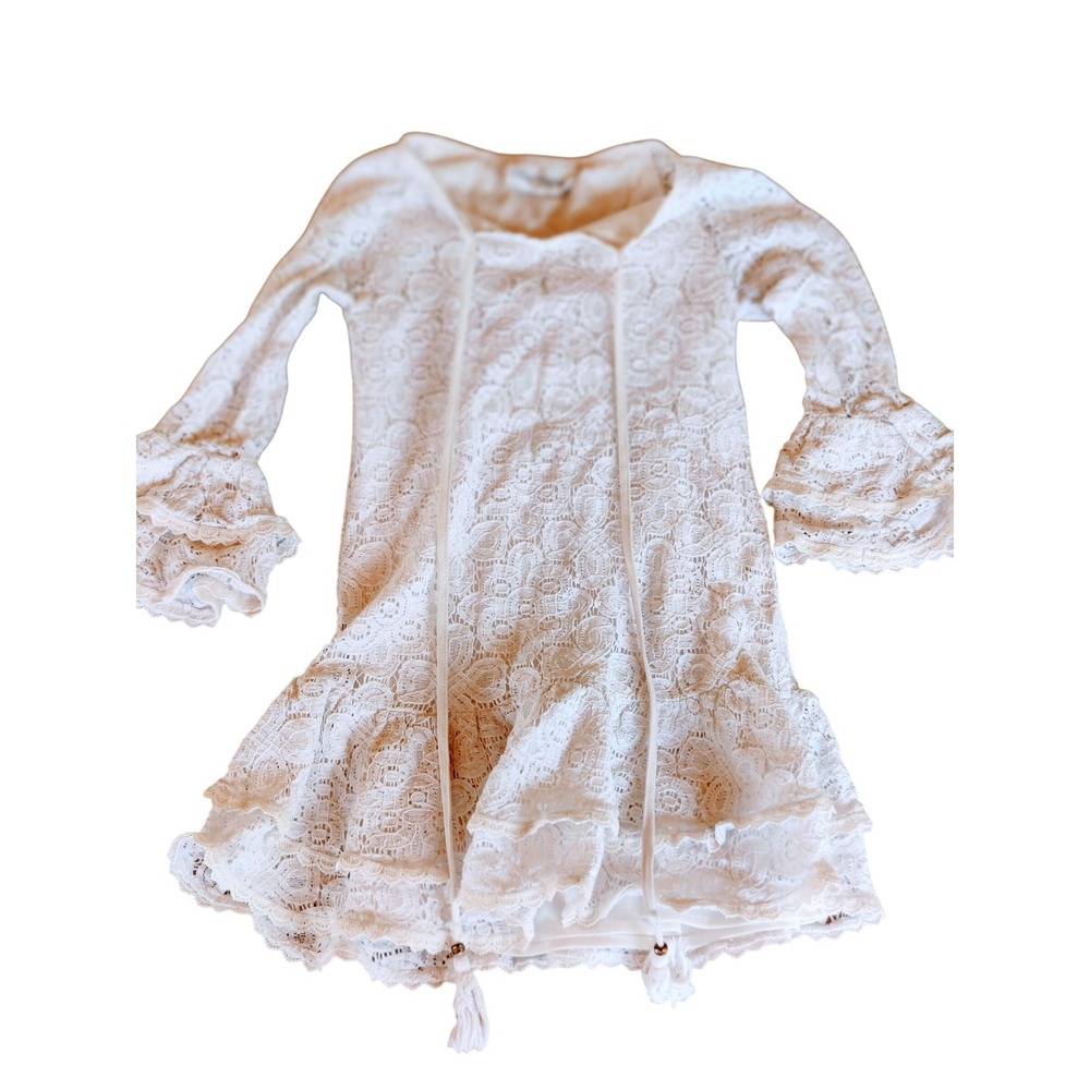 Rare Editions Girls Size 6 White Lace Boho Bell Sleeve Ruffle Dress Tassel‎